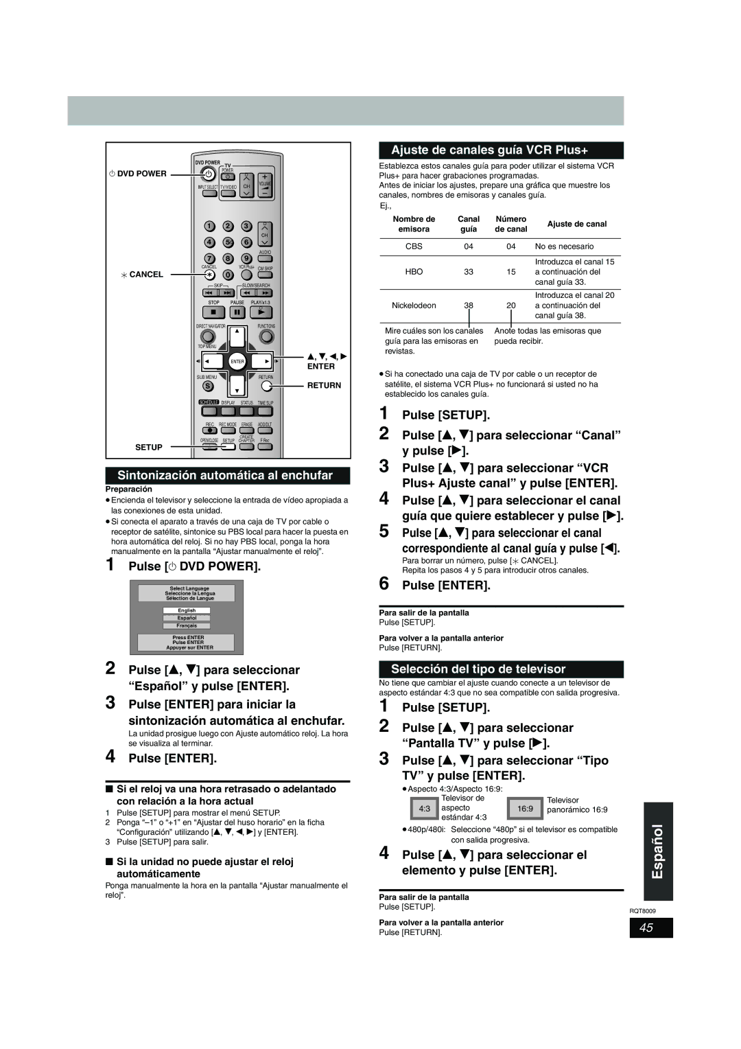 Panasonic DMR-ES10 Sintonización automática al enchufar, Ajuste de canales guía VCR Plus+, Selección del tipo de televisor 