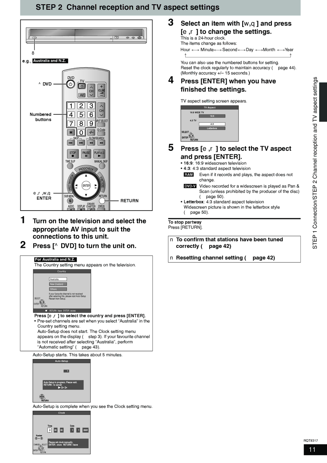 Panasonic DMR-ES15 manual Channel reception and TV aspect settings 