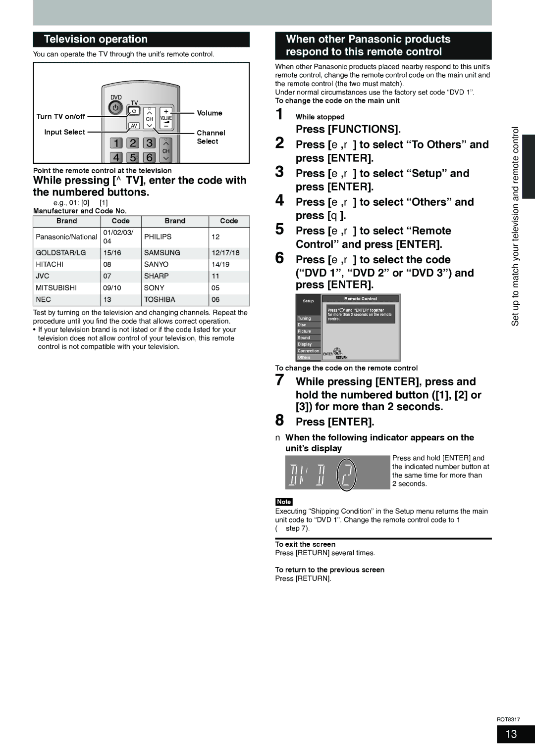 Panasonic DMR-ES15 manual Television operation, While pressing TV, enter the code with the numbered buttons 