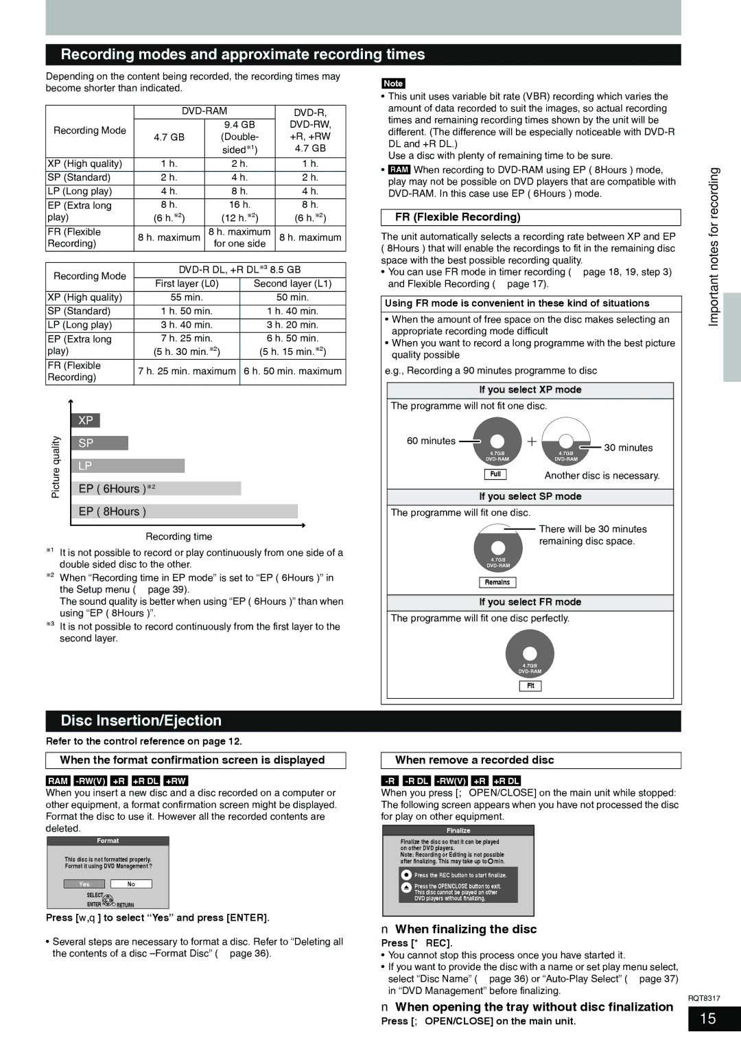 Panasonic DMR-ES15 Recording modes and approximate recording times, Disc Insertion/Ejection, Important notes for recording 