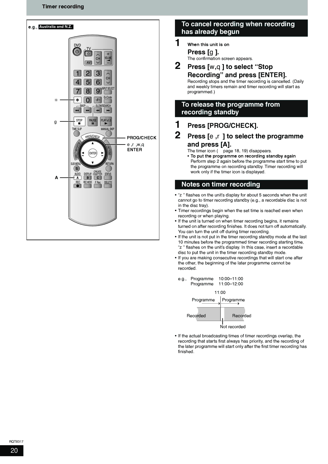 Panasonic DMR-ES15 manual To cancel recording when recording has already begun, Press g, Timer recording 