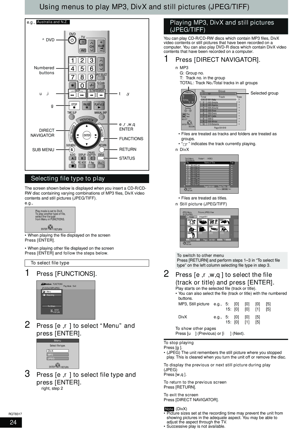 Panasonic DMR-ES15 manual Using menus to play MP3, DivX and still pictures JPEG/TIFF, Selecting file type to play 