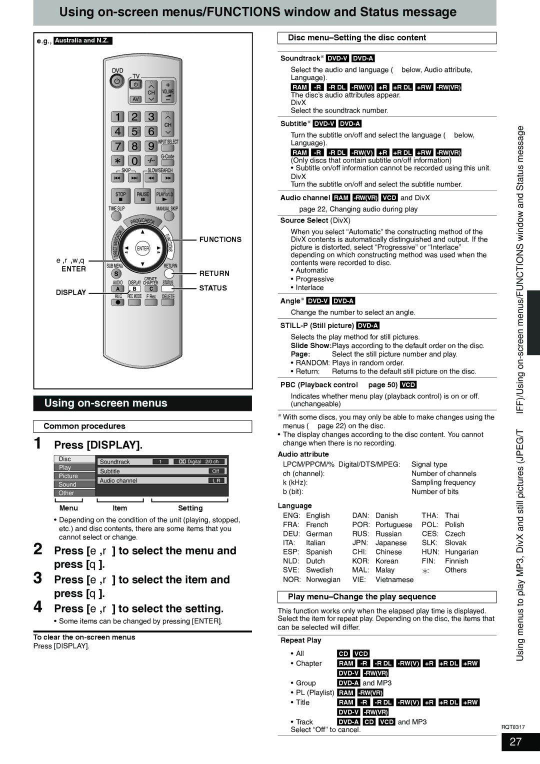 Panasonic DMR-ES15 Using on-screen menus/FUNCTIONS window and Status message, Press Display, Press e, r to select the menu 