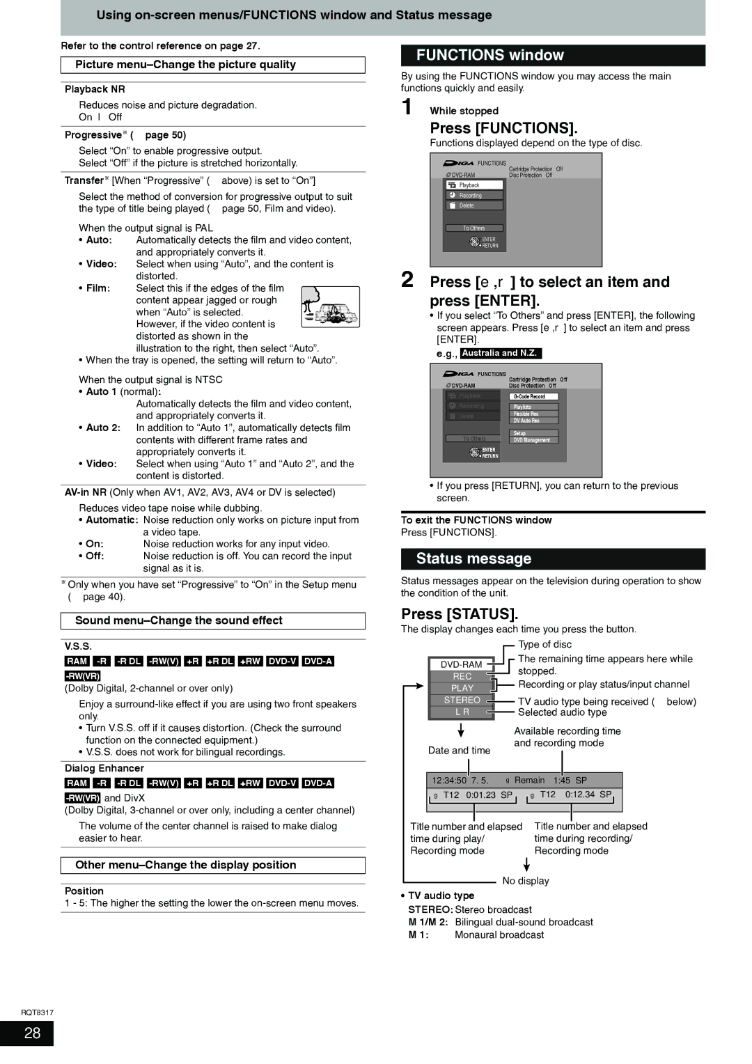 Panasonic DMR-ES15 manual Functions window, Press e,r to select an item and press Enter, Status message, Press Status 