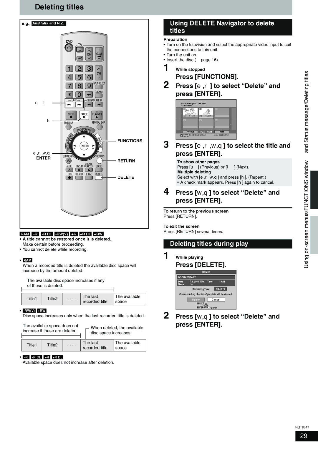 Panasonic DMR-ES15 manual Using Delete Navigator to delete titles, Deleting titles during play 