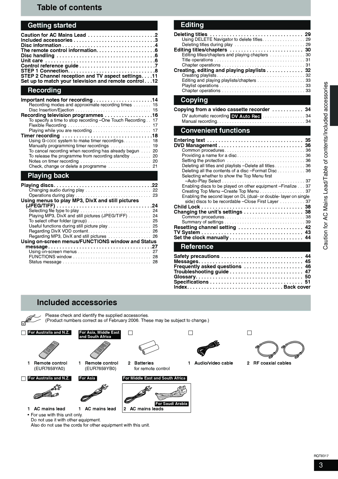 Panasonic DMR-ES15 manual Table of contents, Included accessories 