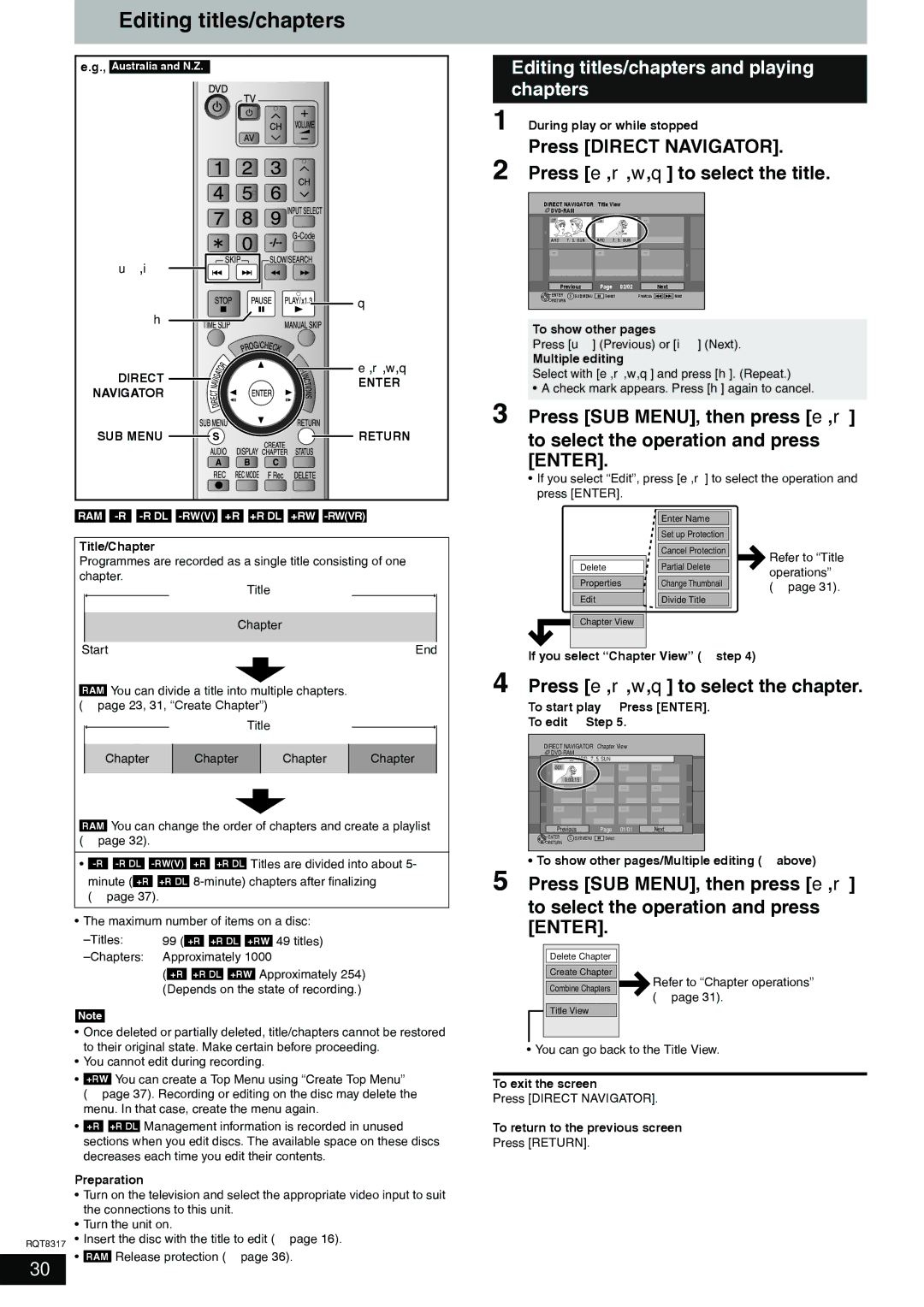 Panasonic DMR-ES15 manual Editing titles/chapters and playing chapters 