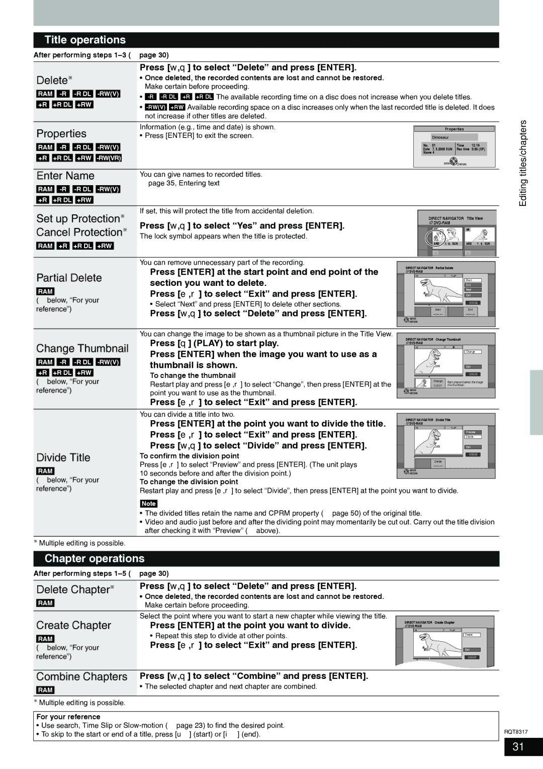 Panasonic DMR-ES15 manual Title operations, Delete, Properties, Enter Name, Chapter operations 