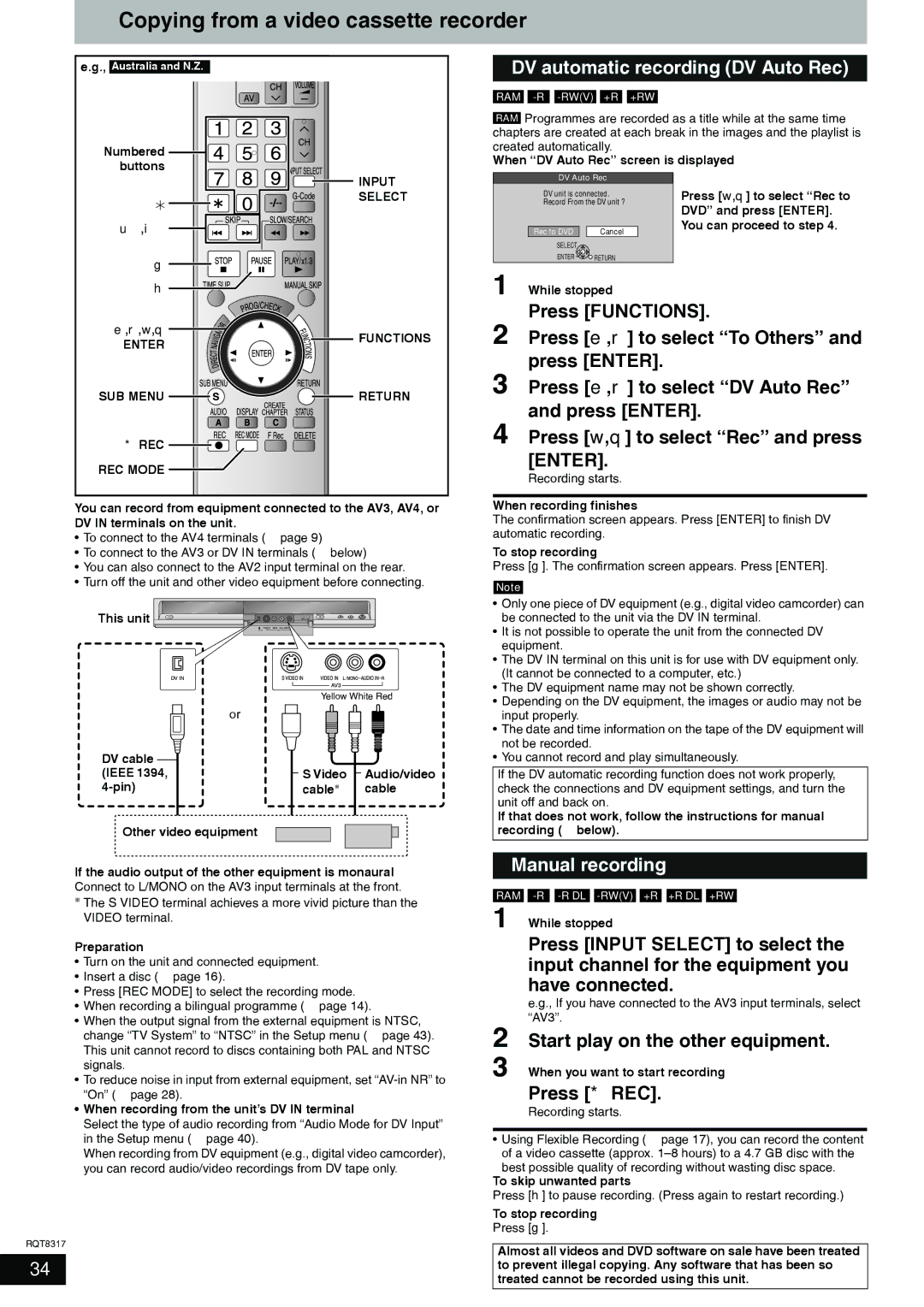 Panasonic DMR-ES15 manual Copying from a video cassette recorder, DV automatic recording DV Auto Rec, Manual recording 