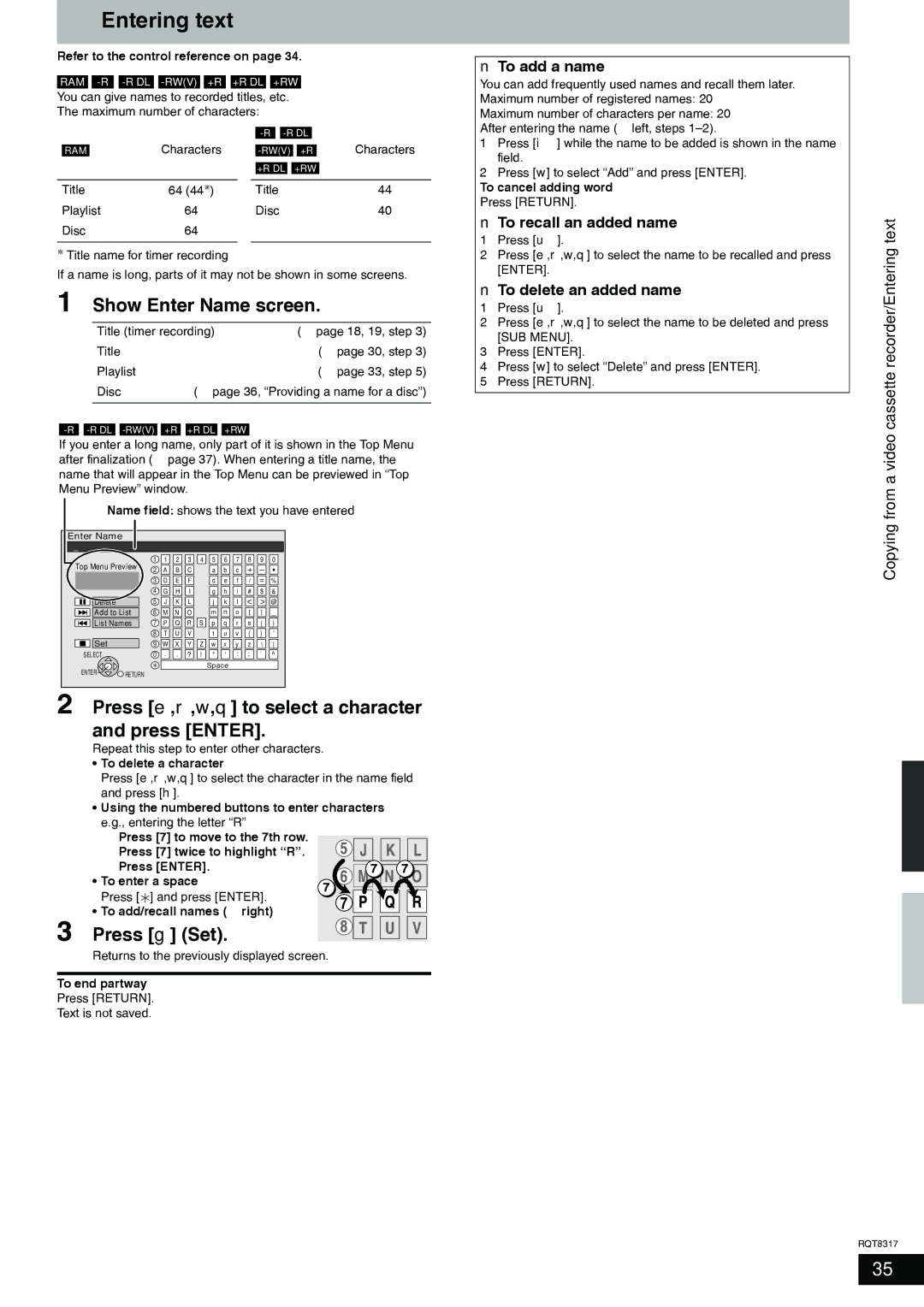 Panasonic DMR-ES15 manual Entering text, Show Enter Name screen, Press e,r,w,q to select a character, Press g Set, Text 