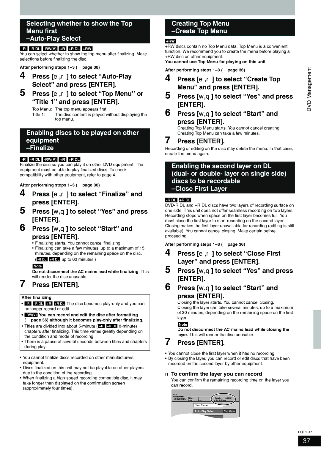 Panasonic DMR-ES15 manual Enabling discs to be played on other equipment Finalize, Creating Top Menu Create Top Menu 