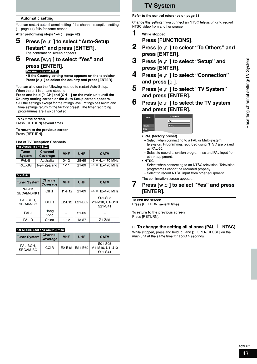 Panasonic DMR-ES15 manual Press e,r to select Auto-Setup Restart and press Enter, Resetting channel setting/TV System 