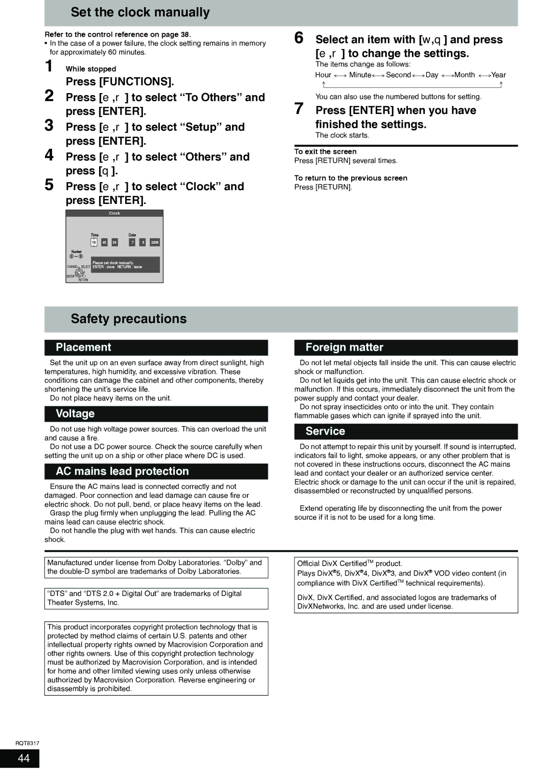 Panasonic DMR-ES15 Set the clock manually, Safety precautions 