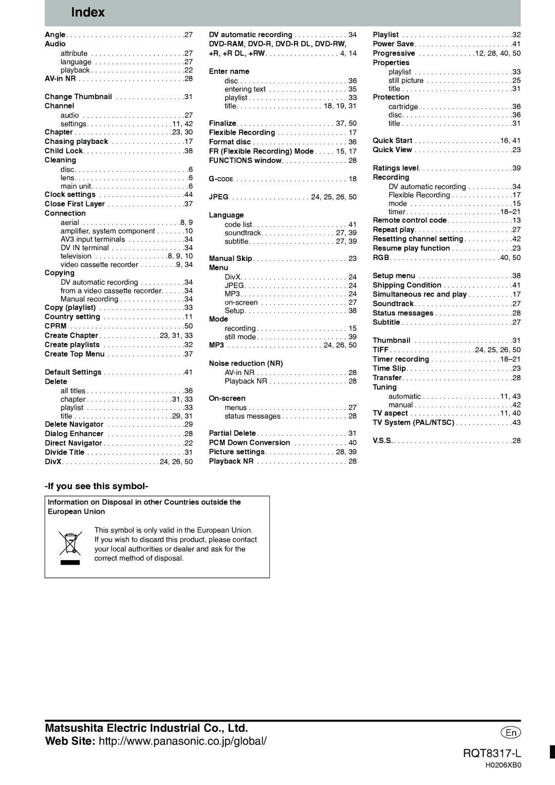 Panasonic DMR-ES15 manual Index, If you see this symbol 