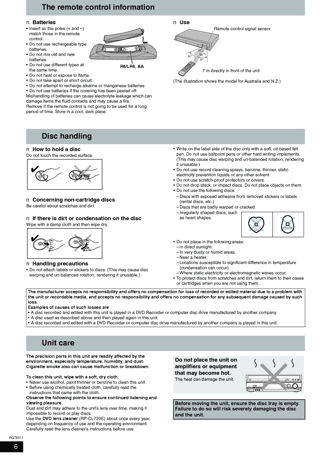 Panasonic DMR-ES15 manual Remote control information, Disc handling, Unit care 