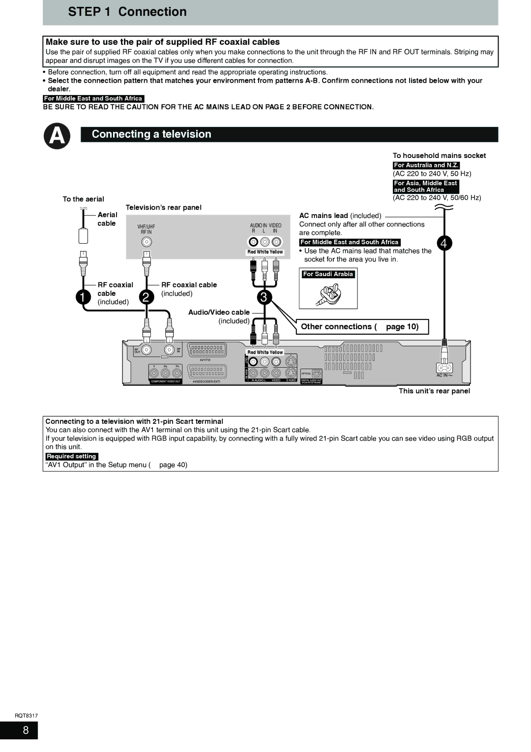 Panasonic DMR-ES15 manual Connection, Connecting a television, Make sure to use the pair of supplied RF coaxial cables 