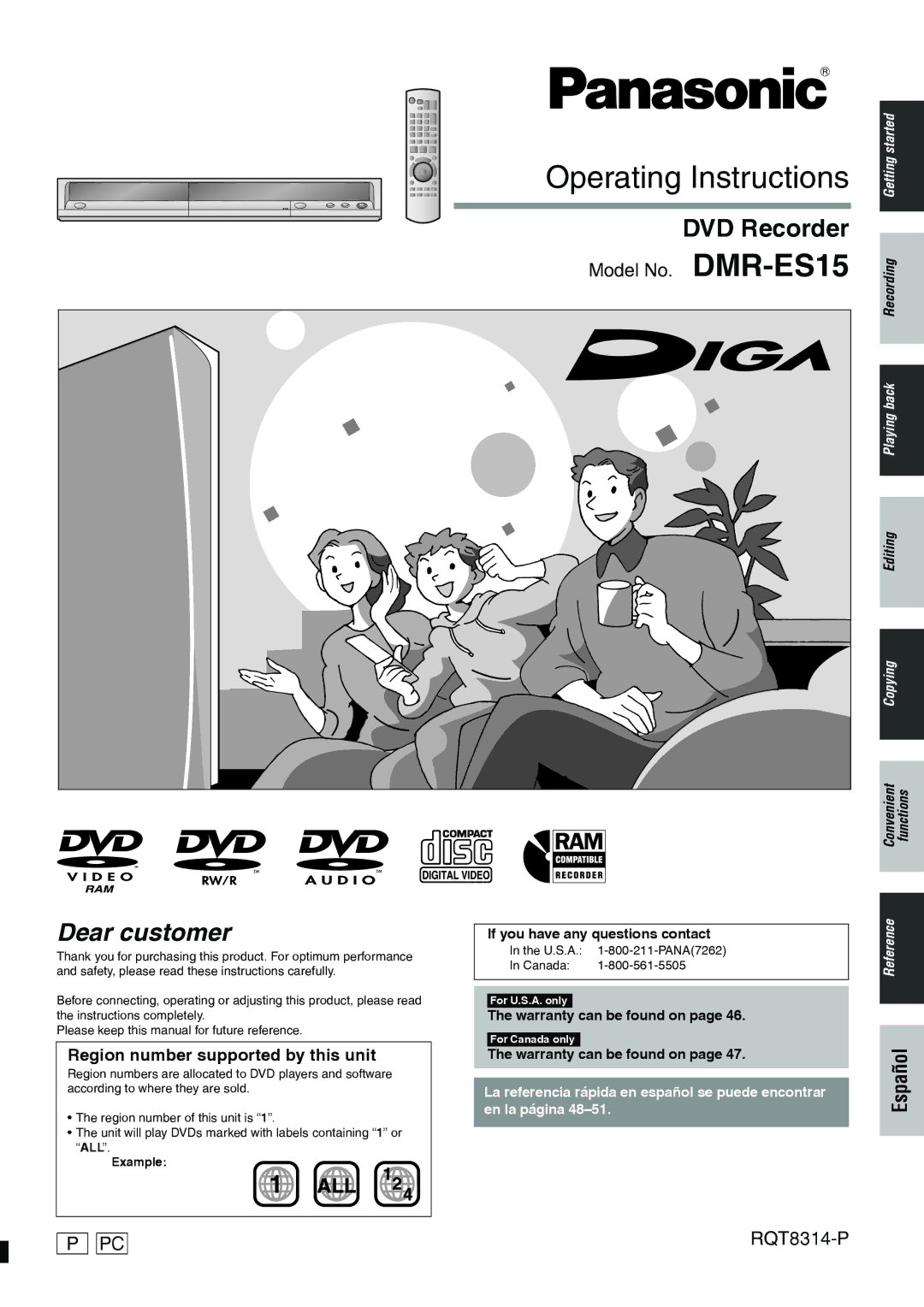 Panasonic DMR-ES15 warranty If you have any questions contact, Warranty can be found on, Example 