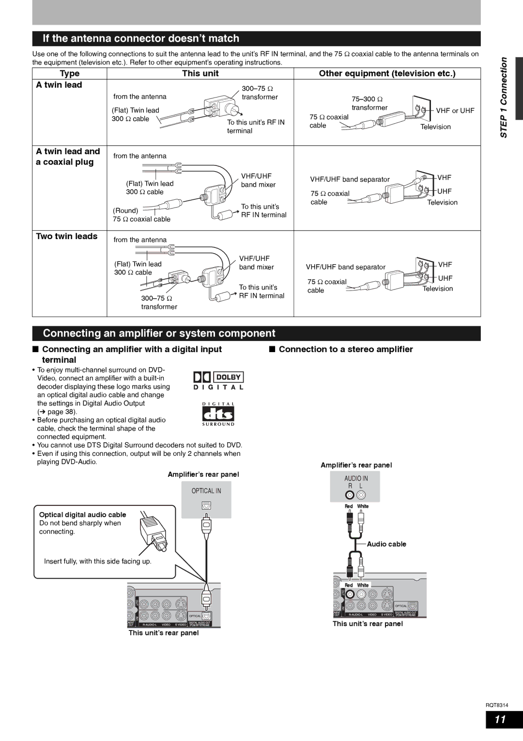 Panasonic DMR-ES15 warranty If the antenna connector doesn’t match, Connecting an amplifier or system component 