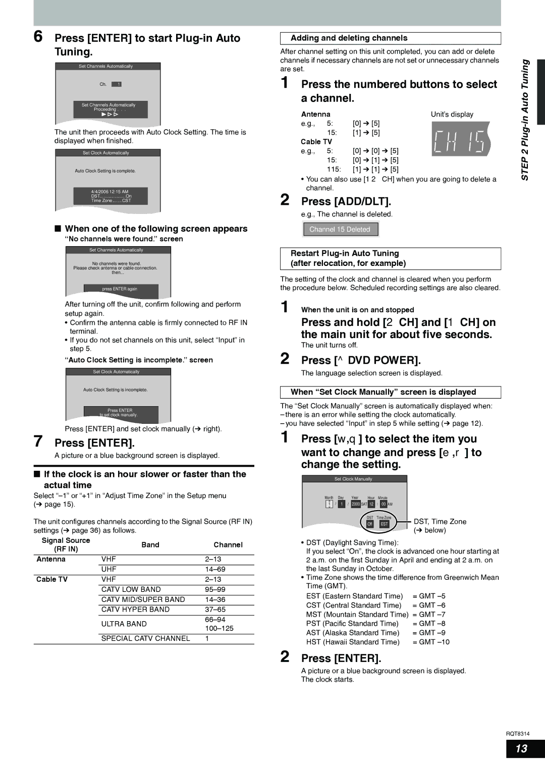 Panasonic DMR-ES15 Press Enter to start Plug-in Auto Tuning, Press the numbered buttons to select, Channel, Press ADD/DLT 