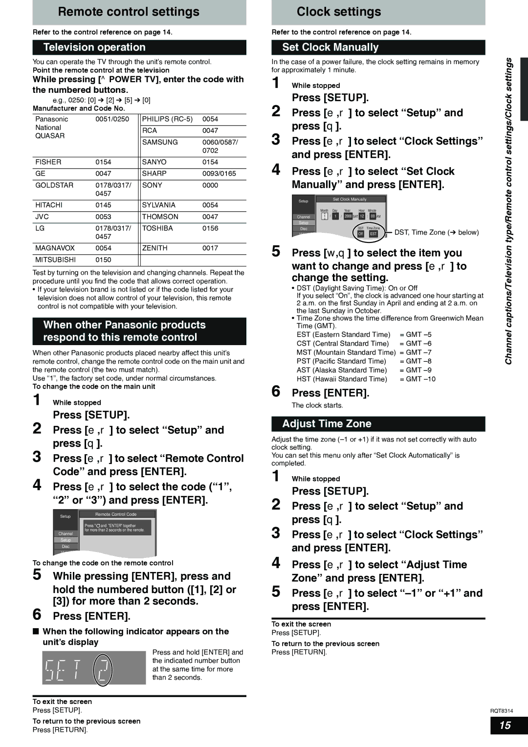 Panasonic DMR-ES15 Remote control settings, Clock settings, Television operation, Set Clock Manually, Adjust Time Zone 