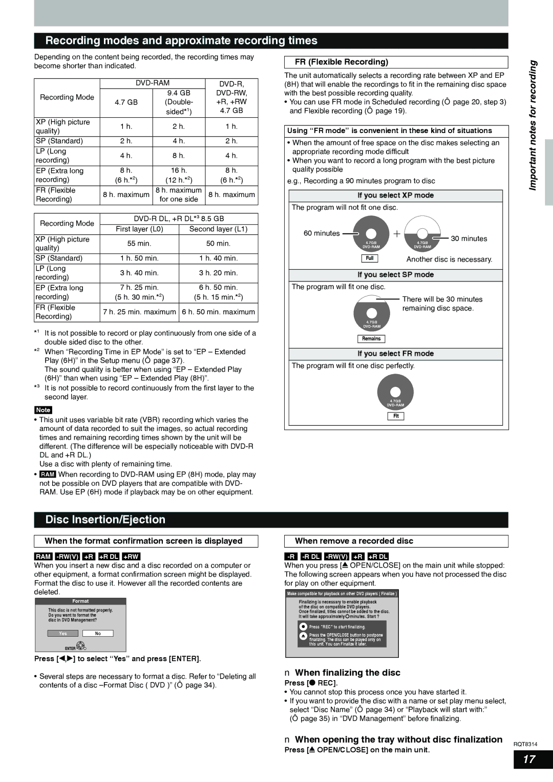 Panasonic DMR-ES15 Recording modes and approximate recording times, Disc Insertion/Ejection, Important notes for recording 