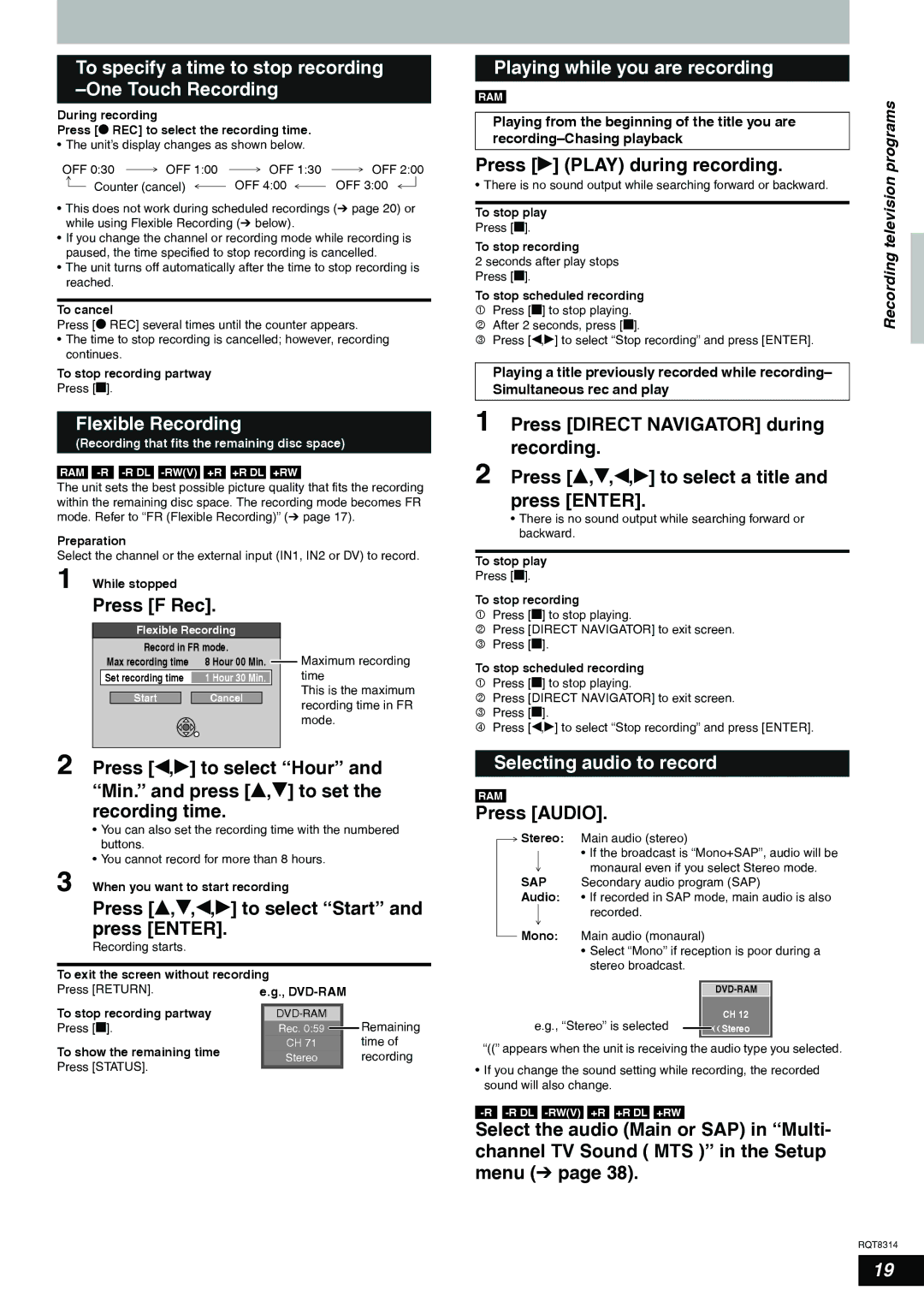 Panasonic DMR-ES15 To specify a time to stop recording -One Touch Recording, Flexible Recording, Selecting audio to record 