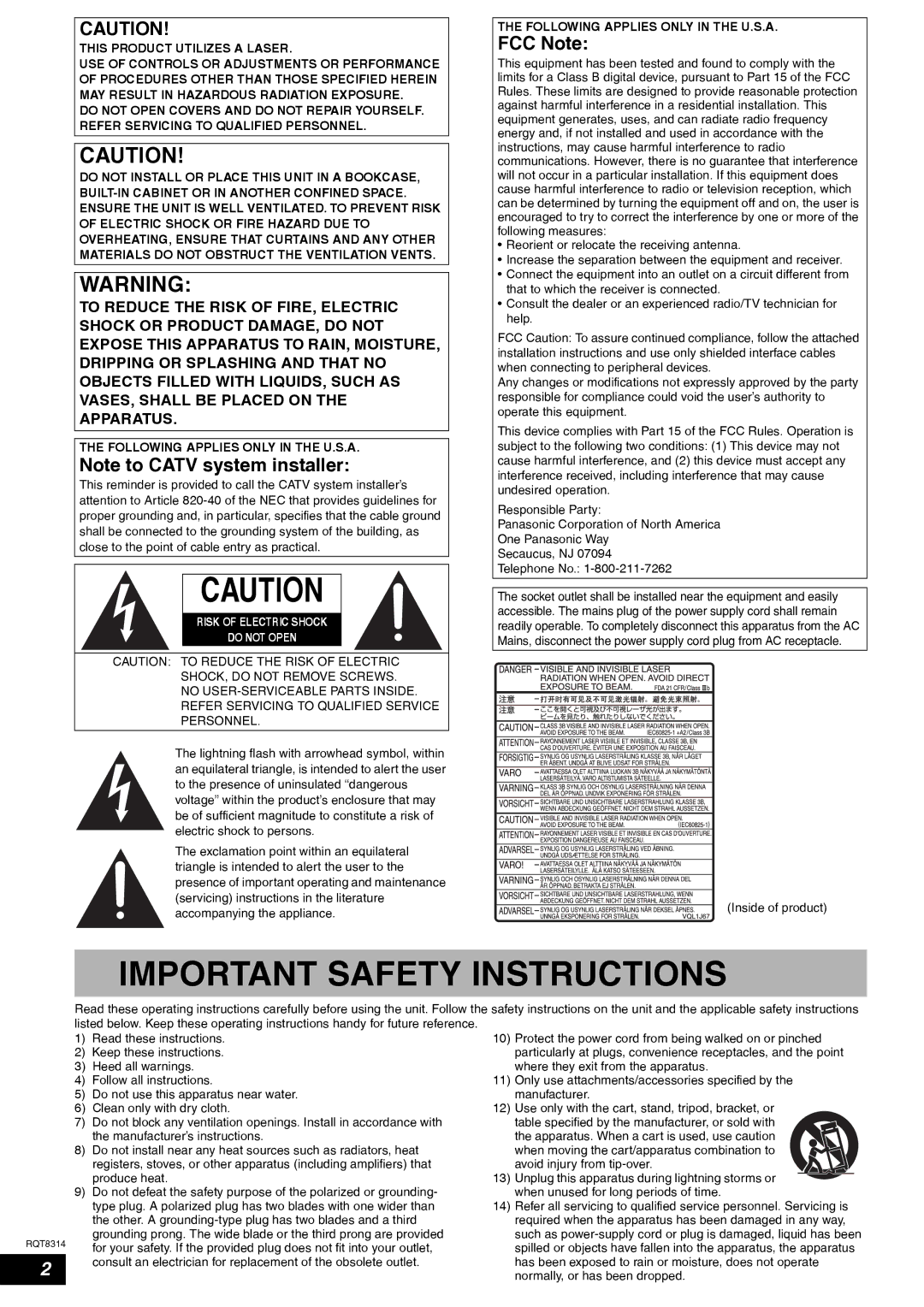 Panasonic DMR-ES15 warranty FCC Note, Following Applies only in the U.S.A, Inside of product 