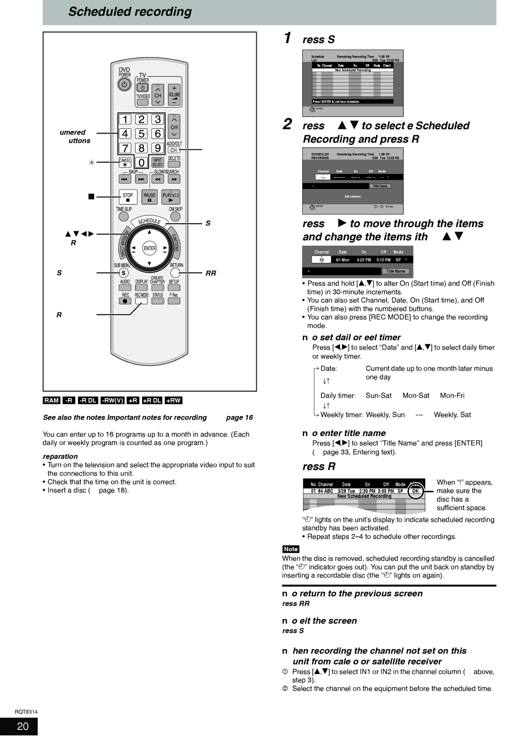 Panasonic DMR-ES15 warranty Scheduled recording, Press e, r to select New Scheduled, Recording and press Enter 