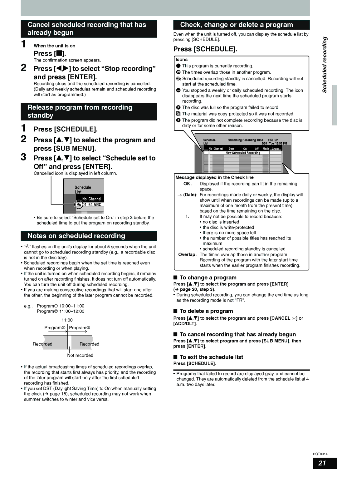 Panasonic DMR-ES15 warranty Release program from recording, Standby 