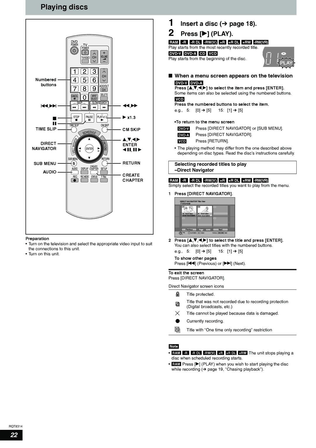 Panasonic DMR-ES15 warranty Playing discs, Insert a disc Ô Press q Play, When a menu screen appears on the television 