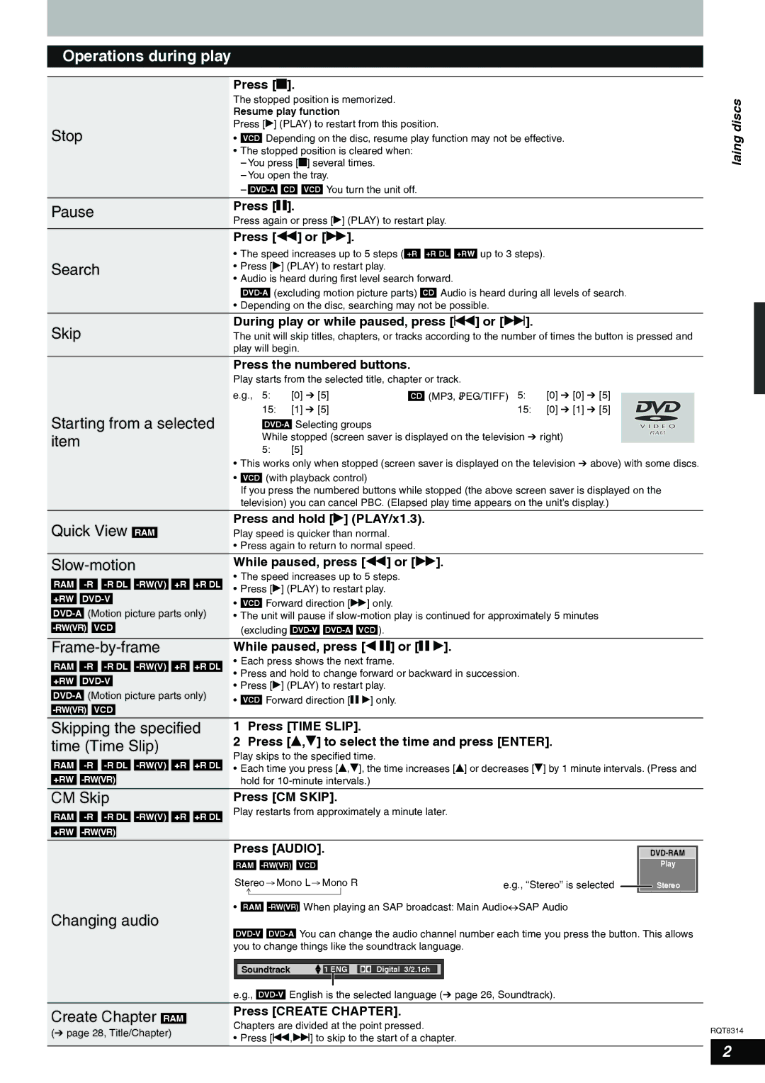 Panasonic DMR-ES15 Operations during play, Quick View RAM, Slow-motion, Frame-by-frame, Skipping the specified, CM Skip 