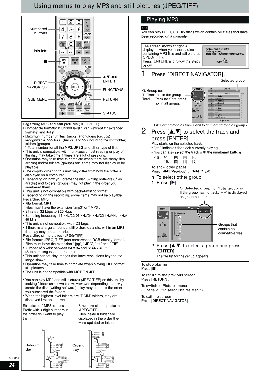 Panasonic DMR-ES15 warranty Using menus to play MP3 and still pictures JPEG/TIFF, Playing MP3, Press Direct Navigator 