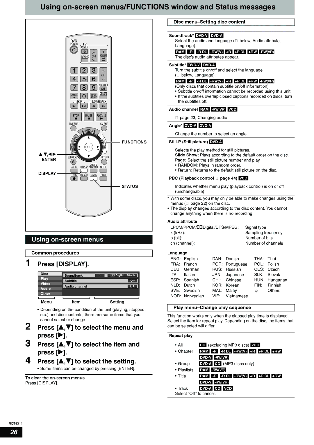 Panasonic DMR-ES15 warranty Using on-screen menus/FUNCTIONS window and Status messages, Press Display 