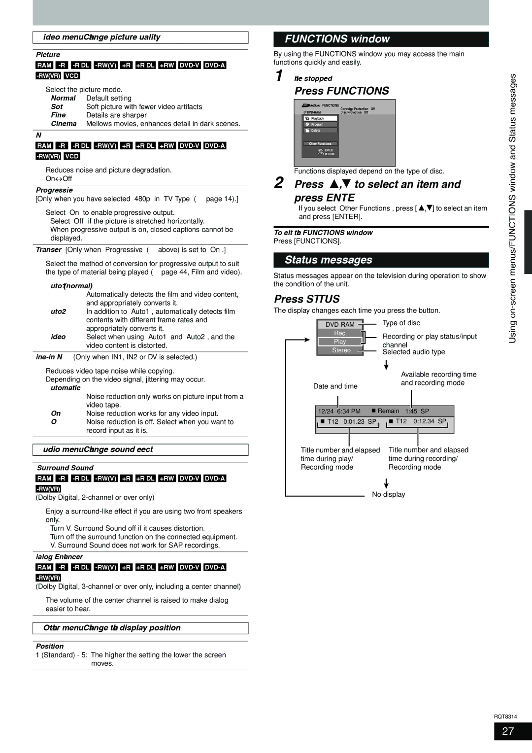 Panasonic DMR-ES15 warranty Functions window, Press Functions, Press e,r to select an item, Status messages, Press Status 