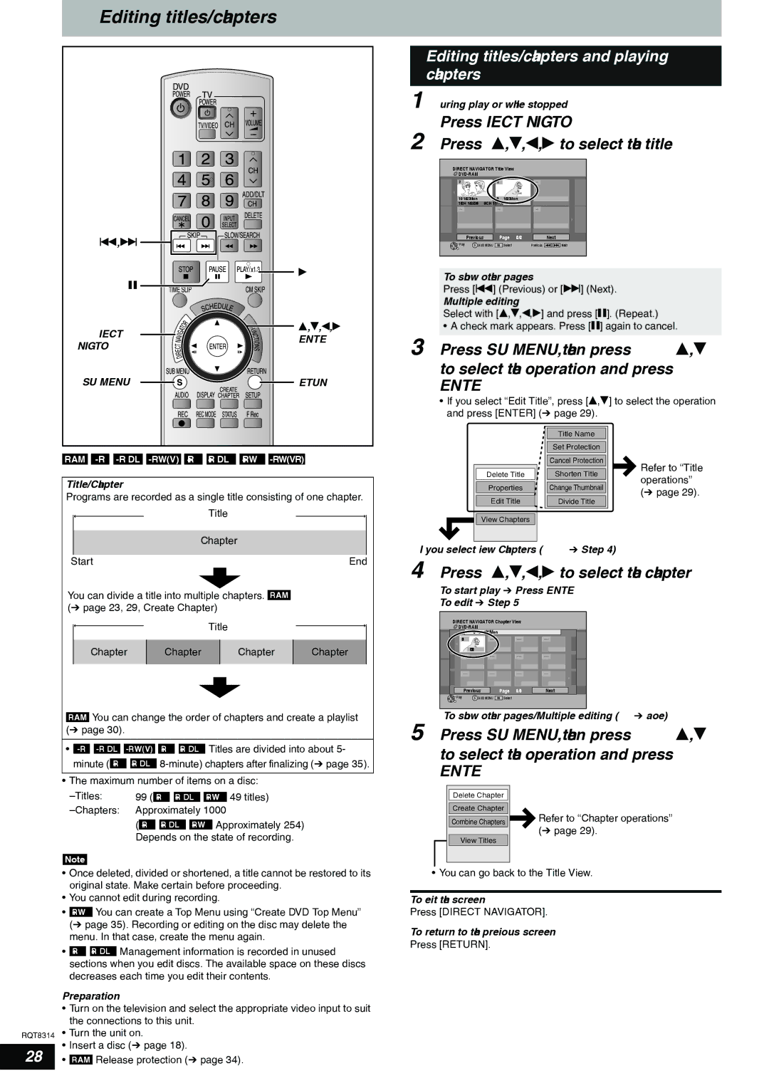 Panasonic DMR-ES15 warranty Editing titles/chapters and playing chapters 