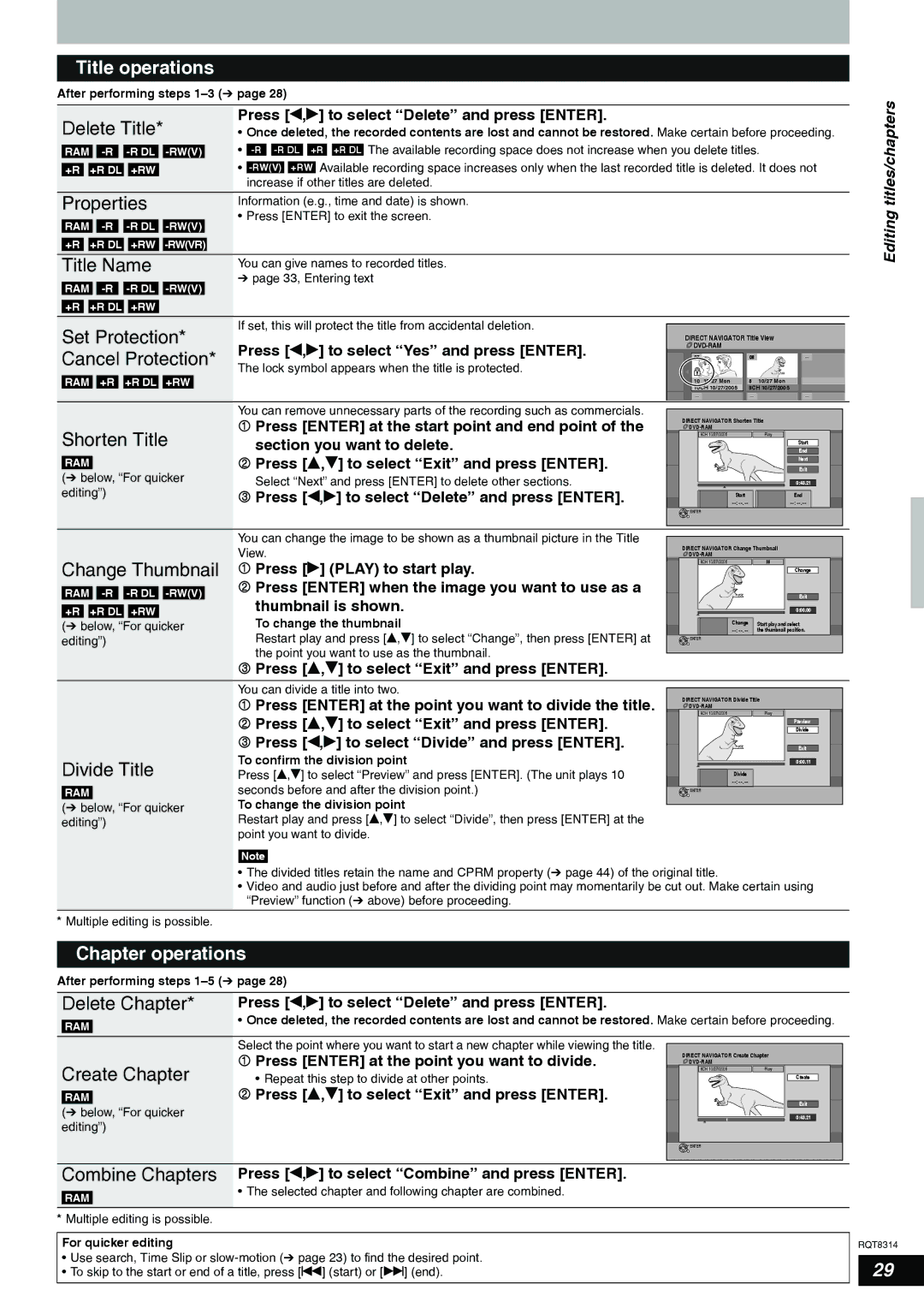 Panasonic DMR-ES15 warranty Title operations, Delete Title, Properties, Title Name, Chapter operations 