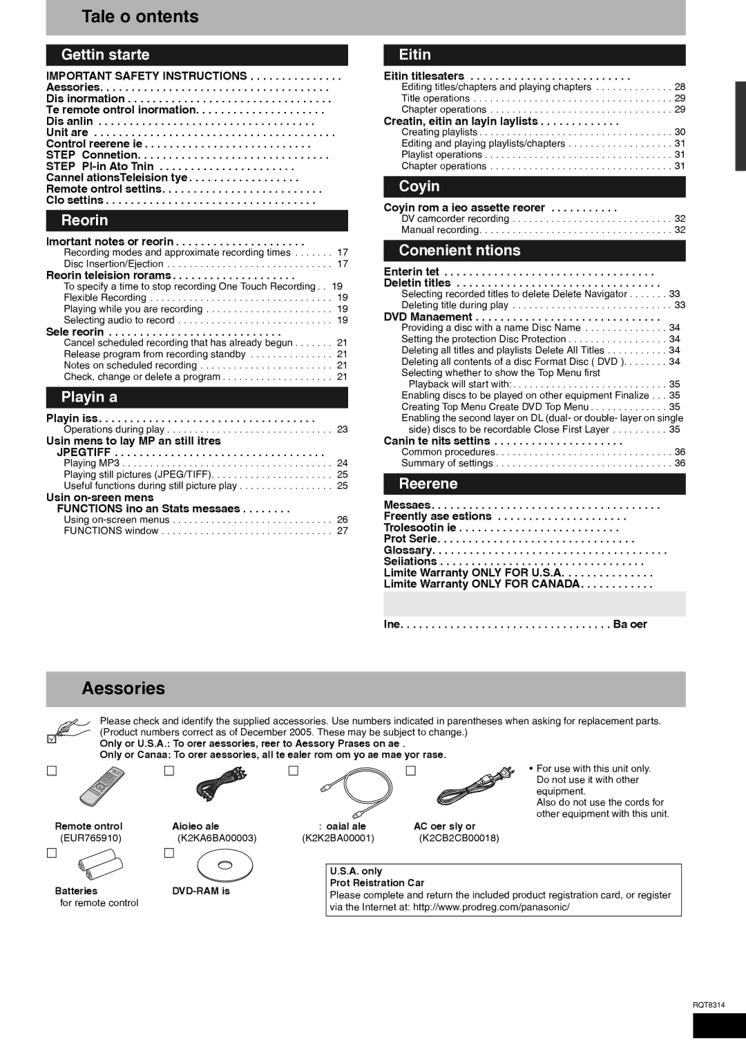 Panasonic DMR-ES15 warranty Table of contents, Accessories 