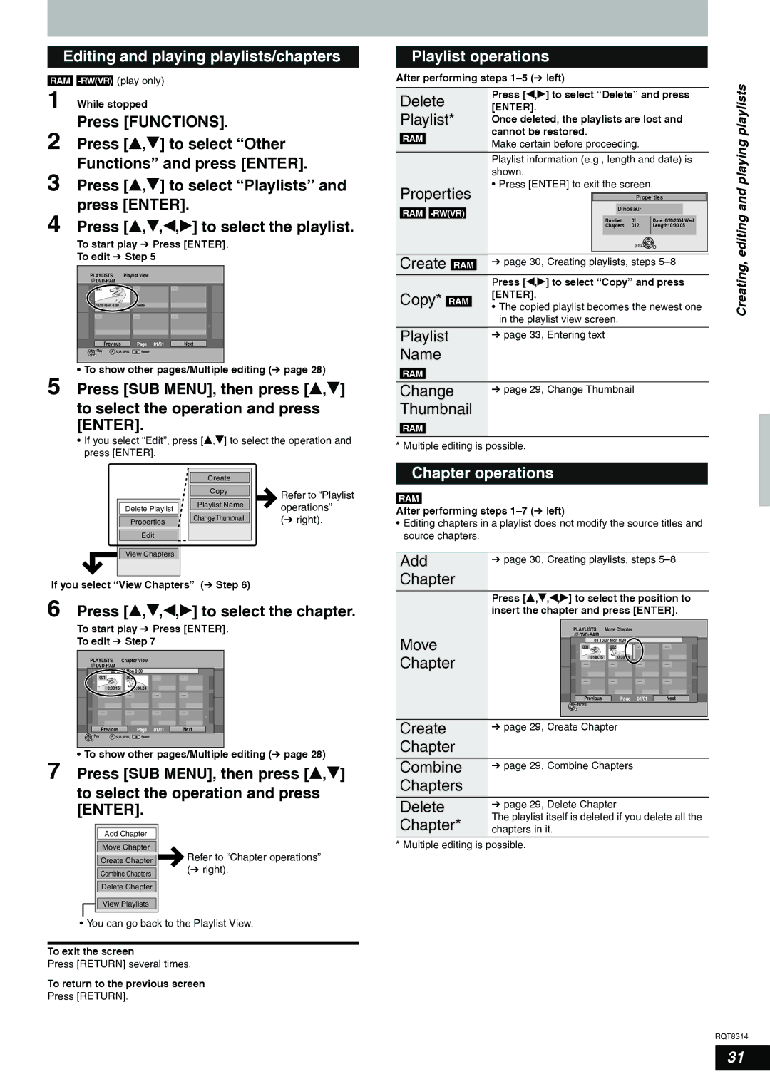 Panasonic DMR-ES15 warranty Editing and playing playlists/chapters, Playlist operations 