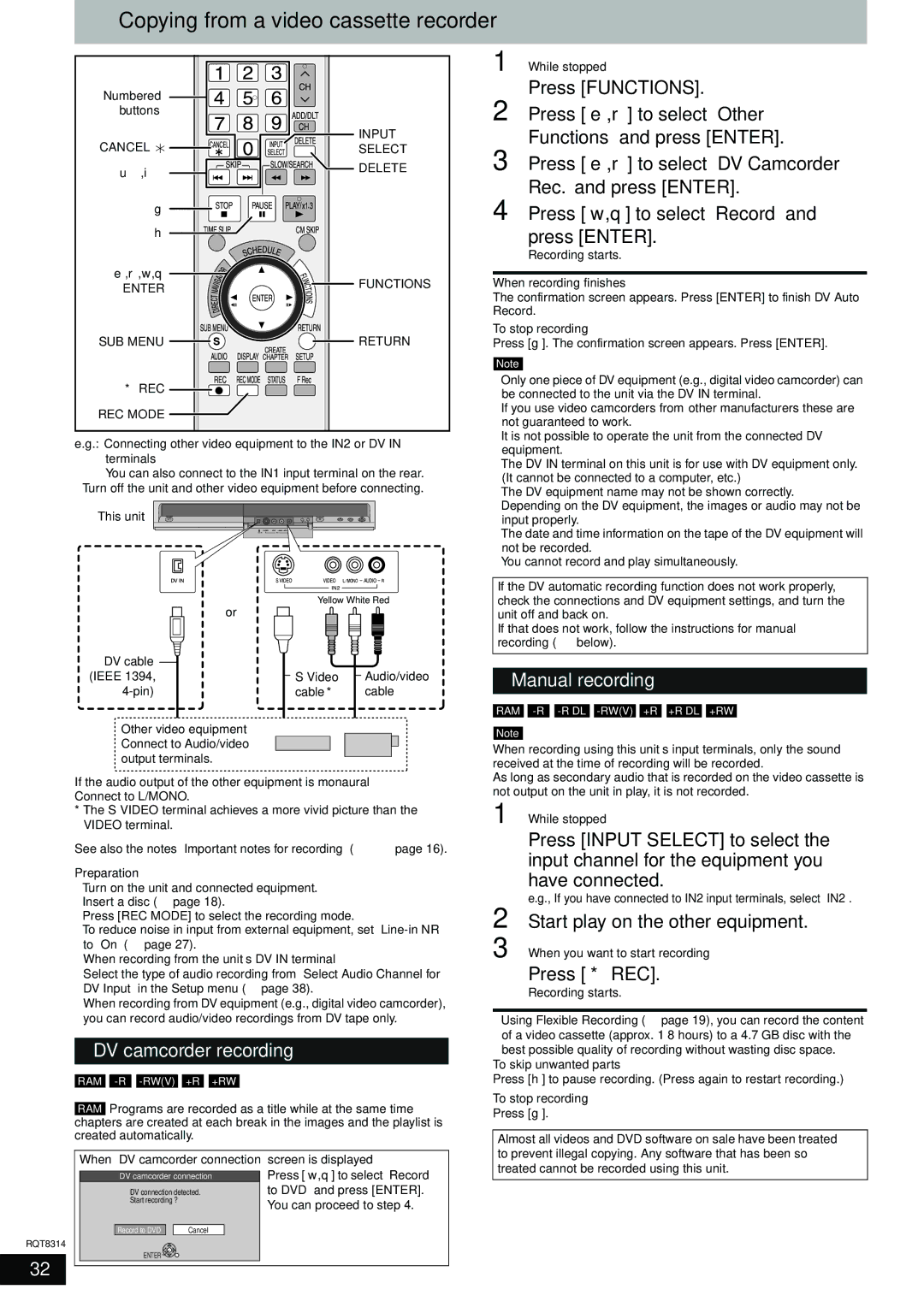 Panasonic DMR-ES15 warranty Copying from a video cassette recorder, Manual recording, DV camcorder recording, Press * REC 