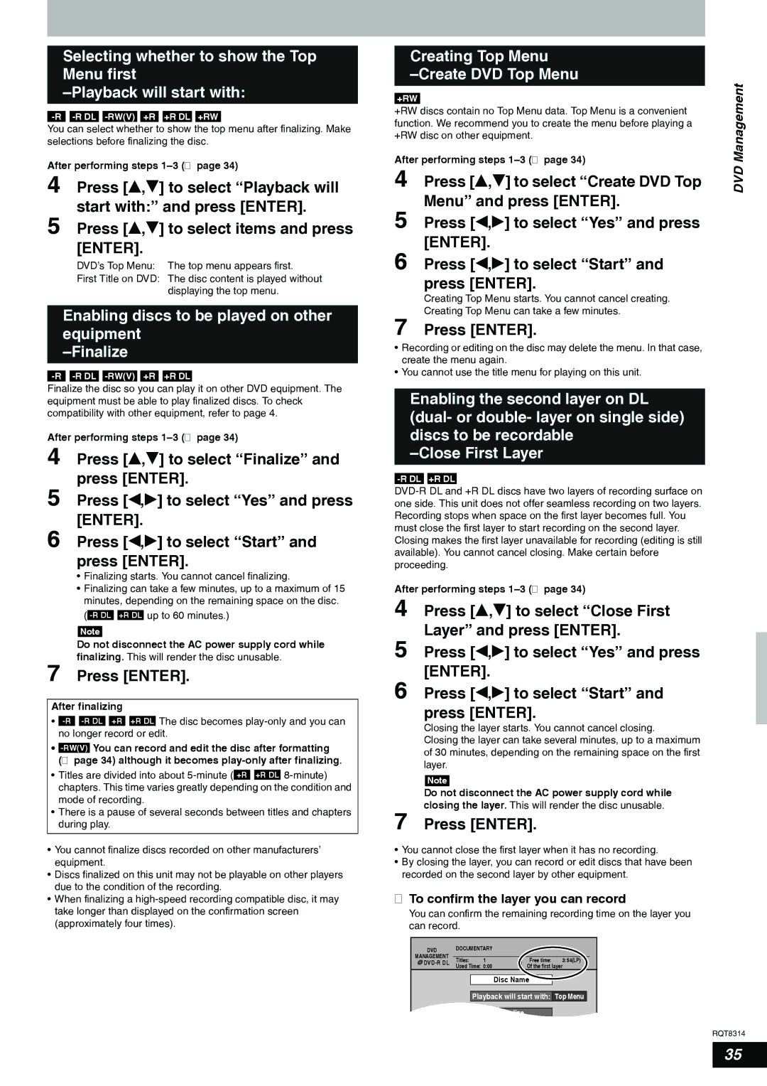 Panasonic DMR-ES15 warranty Enabling discs to be played on other equipment Finalize, Creating Top Menu Create DVD Top Menu 