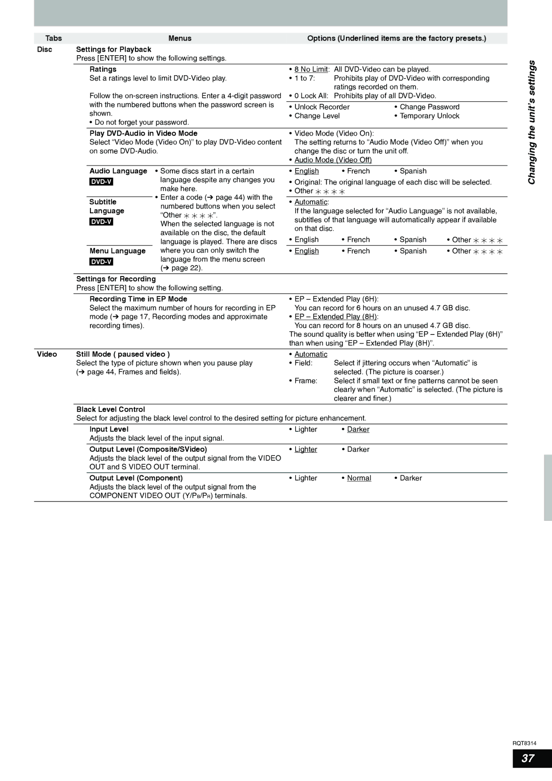 Panasonic DMR-ES15 warranty Changing the unit’s settings 