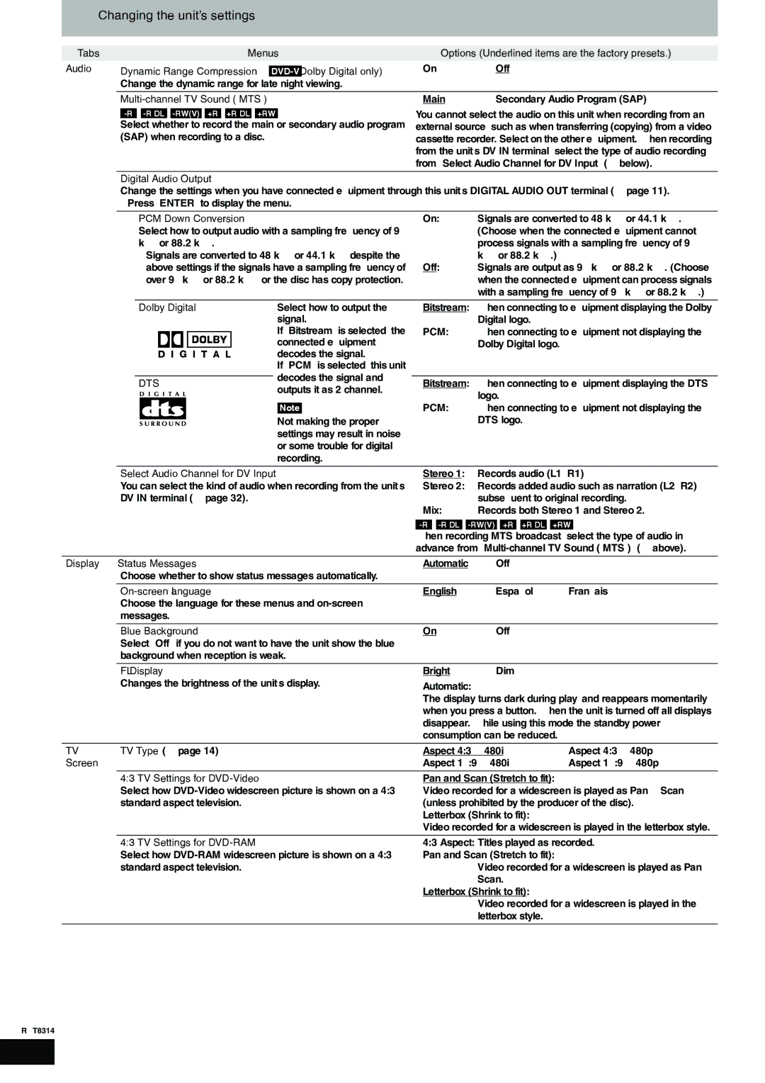 Panasonic DMR-ES15 warranty Changing the unit’s settings, Dts 