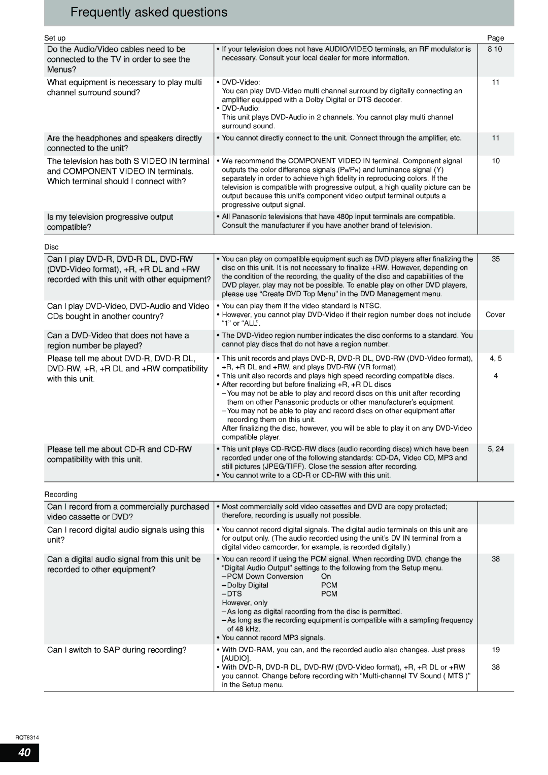 Panasonic DMR-ES15 warranty Frequently asked questions, Set up, Pcm Dts 