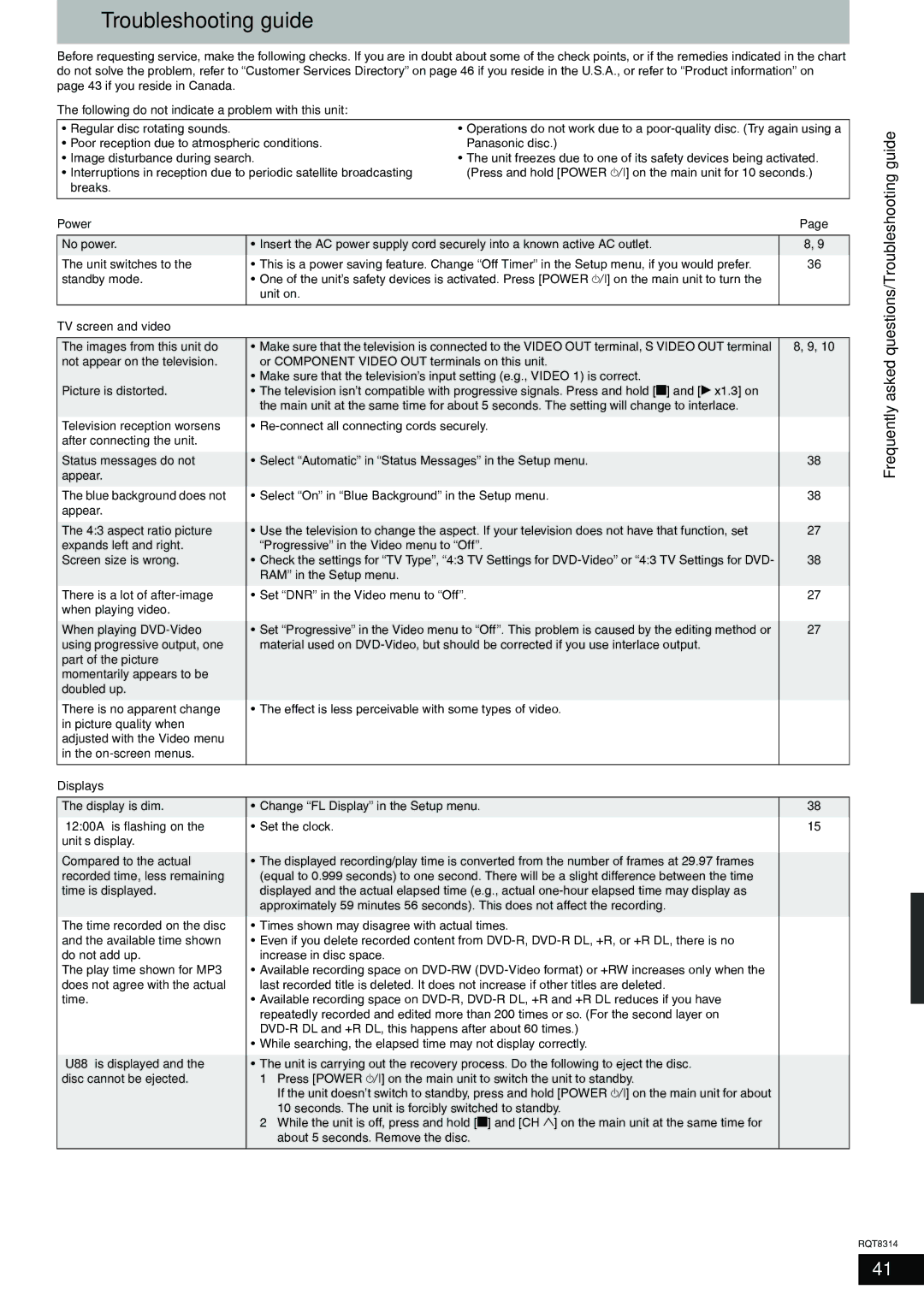 Panasonic DMR-ES15 warranty Frequently asked questions/Troubleshooting guide 