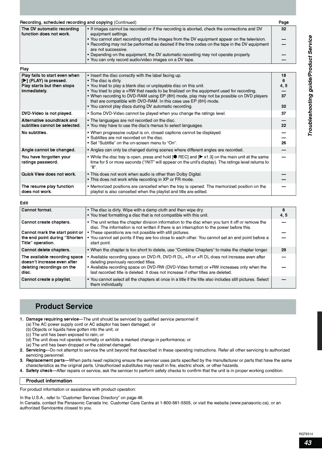 Panasonic DMR-ES15 warranty Product Service, Product information 