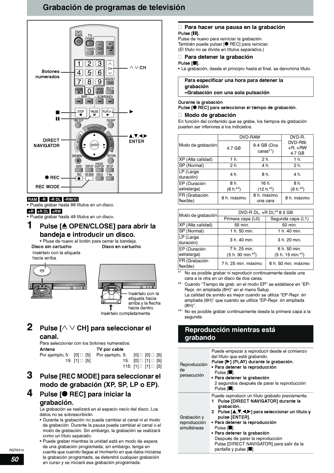 Panasonic DMR-ES15 warranty Grabación de programas de televisión, Pulse 1 2 CH para seleccionar el canal 