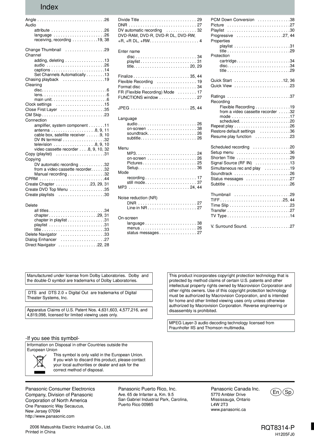 Panasonic DMR-ES15 warranty Index, If you see this symbol, Company, Division of Panasonic, Corporation of North America 