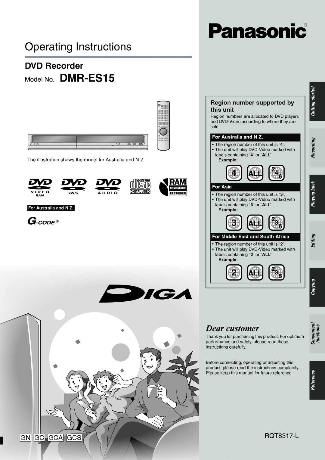 Panasonic DMR-ES15 manual Operating Instructions, DVD Recorder, Dear customer, Region number supported by, this unit 