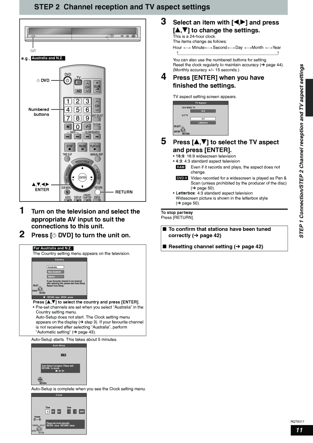 Panasonic DMR-ES15 Channel reception and TV aspect settings, Select an item with w,q and press, e,r to change the settings 