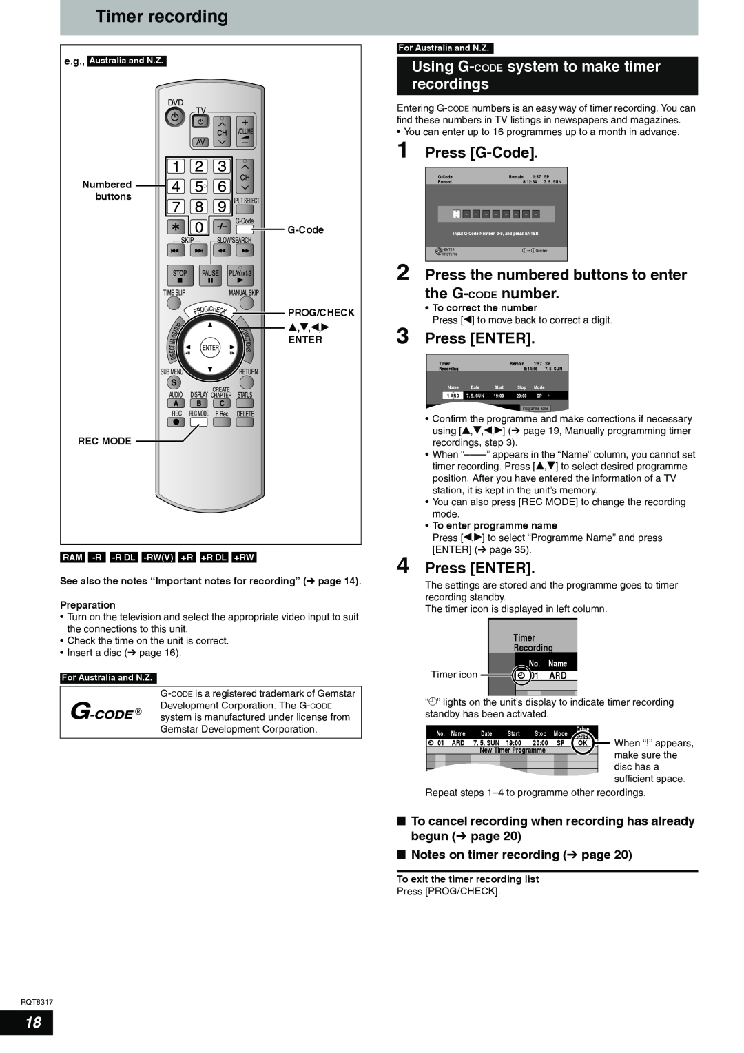 Panasonic DMR-ES15 manual Timer recording, Using G-CODE system to make timer recordings, Press G-Code, Press ENTER, e,r,w,q 